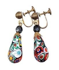 Venetian Millefiori Dangling Screwback Earrings Gold Teardrop Art Glass Vtg