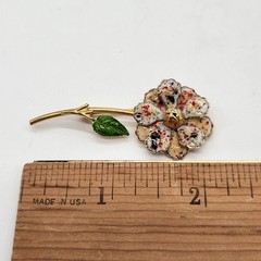 Vintage Enamel Flower Pin Mottled Speckled Rose Gold Tone Stem Green Leaves
