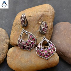 Natural Pave Diamond Earrings 925 Sterling Silver Rhodonite Gemstone Jewelry