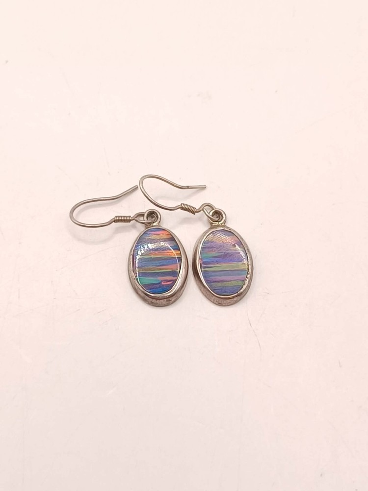 Vintage Mexico Sterling Silver Faux Blue Fire Opal Dangle Drop Earrings 925