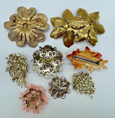 VTG Flower Brooches lot 8 Art Lisner BSK W Germany celluloid enamel rhinestone
