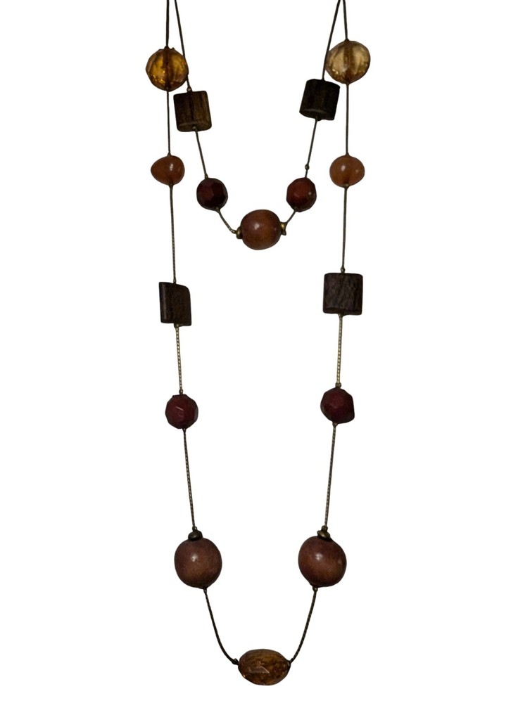 Vintage Boho Earthy Layered Necklace Wood Beads Amber Crystal Carnelian Tone 30″