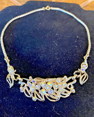 Vintage AB Rhinestones Articulated Leaf Gold Tone Choker 15 1/2 Inches EUC