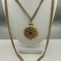 Vintage Goldette Trinket Locket Multi Strand Chain 30-42″ Blue Red Scrollwork