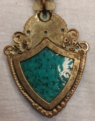 Vintage brass metal necklace with green stone made of brass and faux wood beads