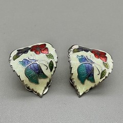 Earrings Womens Silver Tone Vintage Cloisonne Enamel Butterfly Floral 1 Inch
