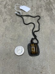 JRI Mexico Sterling Silver Tiger’s Eye Pendant Necklace Modernist Oxidized Chain