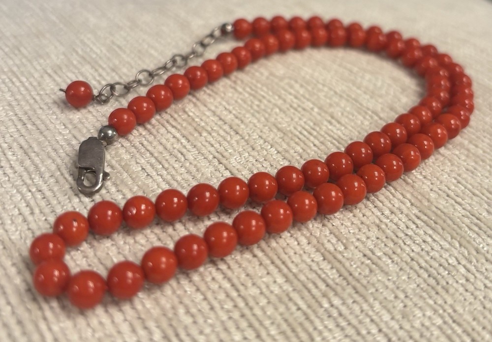 Vintage 5mm Italian Red Coral Necklace 16” + 2” Ext = 18” Sterling Silver Clasp