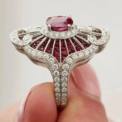 Art Deco Style Ruby & Lab Created Diamond 14k White Gold FN Wedding Gift Ring
