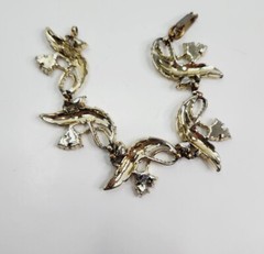 Vintage Judy Lee Signed Gold Tone Rhinestone Bracelet And Clip On Earrings Leaf