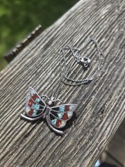 Vintage Butterfly Crushed Turquoise & Coral Necklace Silver Tone Alpaca Choker