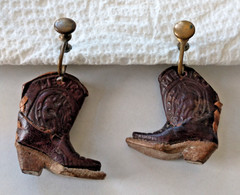 Vintage Brown Cowboy Leather Boots/ Wood Heels Screw Back Earring Made In Mexico