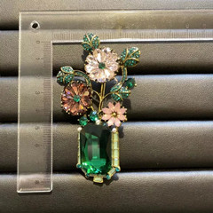 Large Vintage Crystal Rhinestone Flowers in A Green Vase Brooches Pins for Women