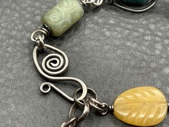 800 Silver Feather Charm Link Bracelet Turquoise Jade Coral Boho 8”