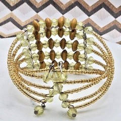 Vintage 70s Wood Yellow Bicone and Seed Bead Flexible Twisted Cuff Bracelet