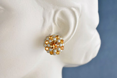 Vintage HOBE Citrine Orange Rhinestone Pearl Cluster Dome Screw Back Earrings