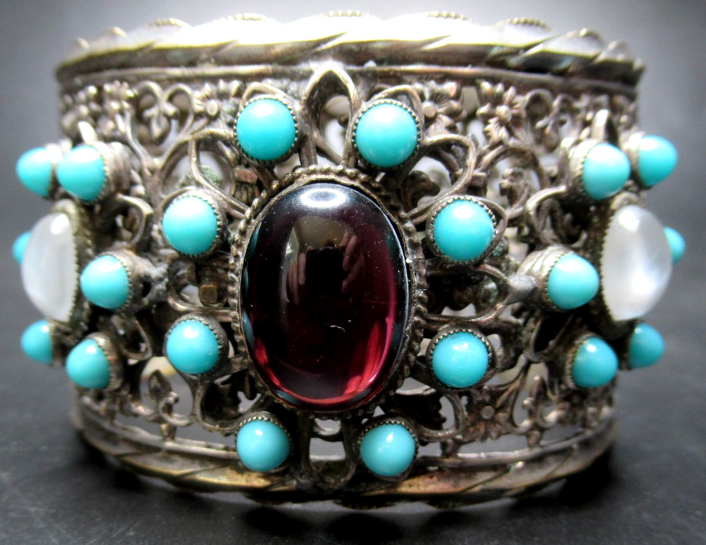 Antique Silver Plate Blue & Purple Glass Cabochon Floral Filigree Bracelet
