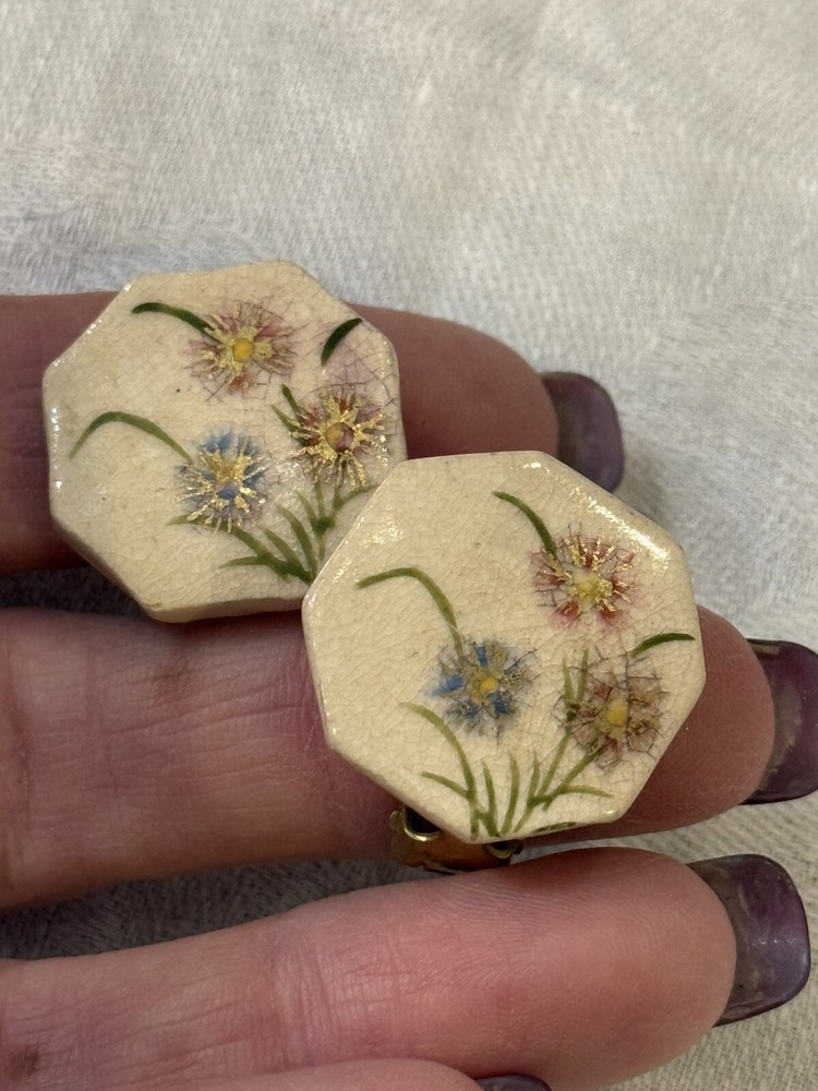 Clip On Earrings Porcelain Floral Painted Flowers Octagon Vintage Retro Large