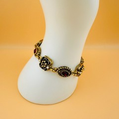 Vintage Victorian Revival Bracelet Red Rhinestone Gold Tone Faux Seed Pearl 6.2″