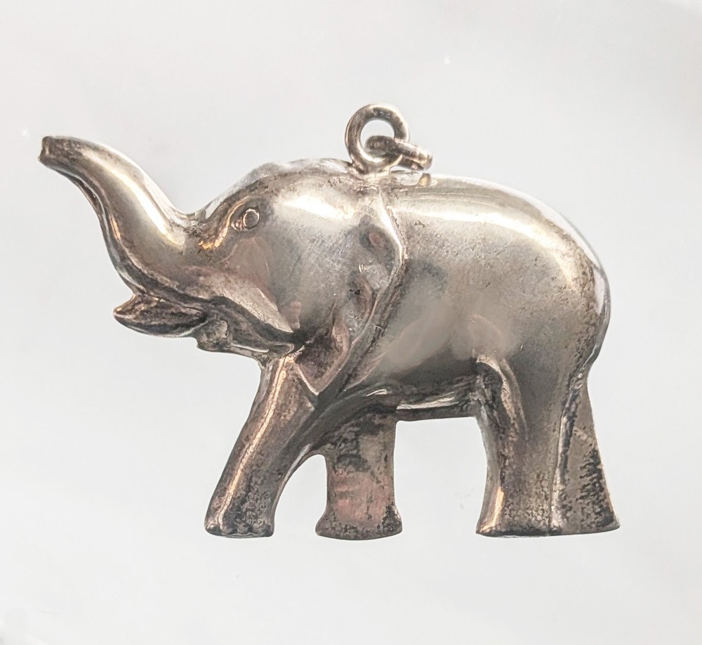 LARGE 2″ Vintage Sterling Silver Puffy Elephant Pendant, Trunk Up