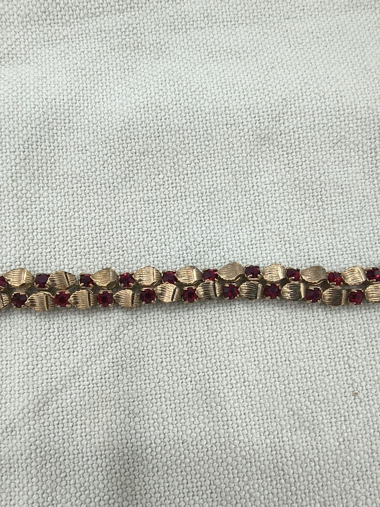 Vintage Red Rhine Stone Gold Tone Double Strand Bracelet 7 Inches