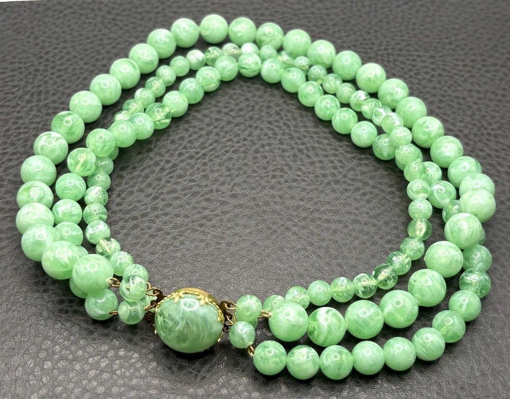West Germany Double Strand Green Bead Necklace Gold Tone Marbled Box Clasp
