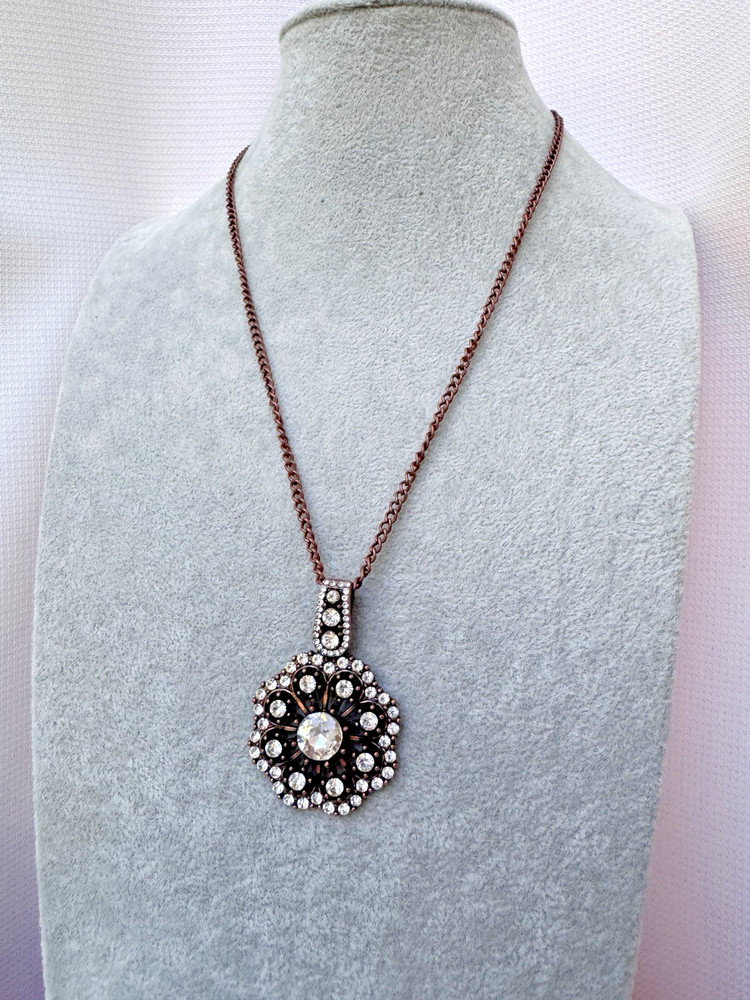 Vintage flower copper 90s 70s 80s pearl Modernist Necklace antique bronze boho