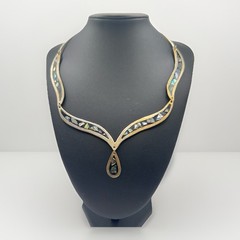 Vintage Mexican Alpaca Abalone Inlay Necklace 17″ Panel Link Drop Pendant