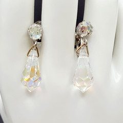 Vintage AB Crystal Faceted Teardrop Prism Drop Dangle Fancy Screw Back Earrings