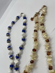 Lot 2 Pc Vtg Chunky Necklaces Blue Silver & White & Shell w Faux Amber Nuggets