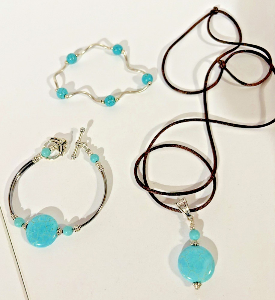 3 Piece Turquoise Jewelry Lot-Vintage 2 Bracelets And 1 Adjustable Necklace