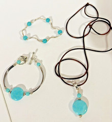 3 Piece Turquoise Jewelry Lot-Vintage 2 Bracelets And 1 Adjustable Necklace
