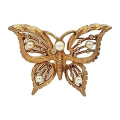 Vtg Gold Butterfly Brooch Faux Pearl Openwork Figural Pin 2.5 In