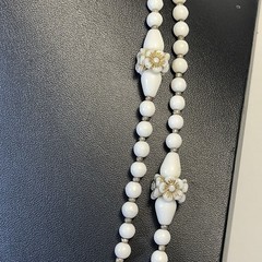 White Silver Glass Bead Necklace Made In Germany Floral Design Rope 56”
