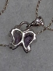 18K GP butterfly pendant necklace, purple stones, prong set, 18″