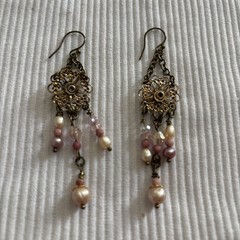 Vintage Boho Earrings Brass-Tone w/Opal-Glass on Alloy Filigree, Pearl+ danglers