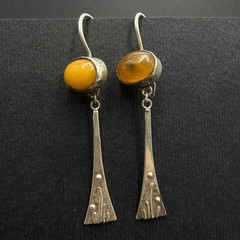Vintage Modernist Baltic Amber Drop Earrings 875 Silver Soviet Era Dangle Hooks