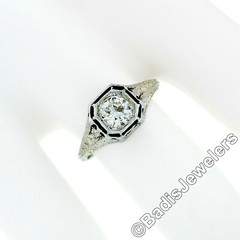 Antique Deco Belais 18k Gold European Diamond Engraved Filigree Engagement Ring