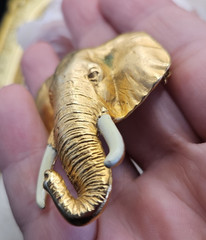Vintage Elephant Brooch Pin Brushed Gold Tone Enamel Tusks Signed Animal Figural