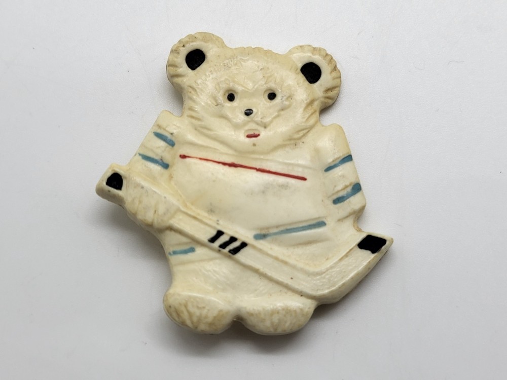 Vintage Child’s Brooch Badge “Hockey Bear” Made in USSR Plastic in 1980s Rare