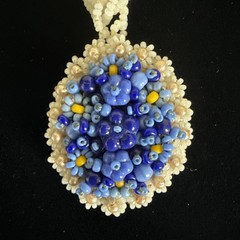 Vintage Hand Beaded Floral Cluster Pendant Necklace Blue & White Glass Seed Bead