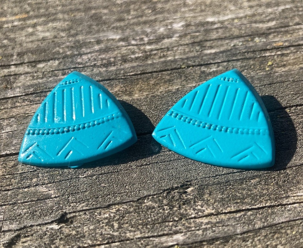 Vintage 80s/90s Clip-On Earrings Southwest Aztec Teal Triangle New Wave Metal