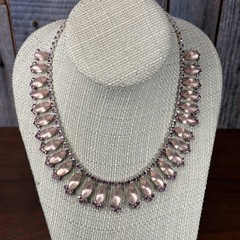 Vintage 1950’s Pink Rhinestone Bib Necklace statement 15.5″ silver tone