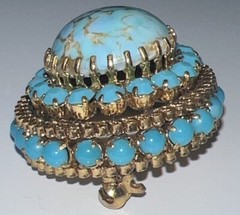 Vintage 1950’s Austrian Turquoise Stone Domed Round Gold Filigree Brooch 1.5”