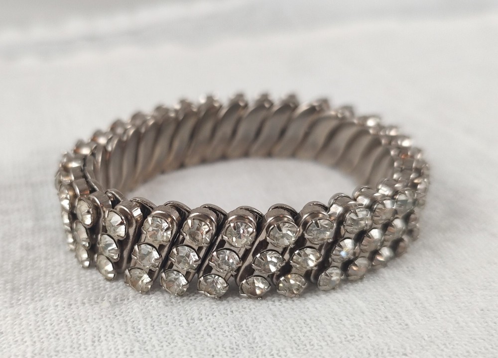 Vintage Unmarked Three Row Expandible Rhinestone Bracelet 1950’s