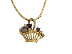 Vintage Gold Tone Chain Necklace w/ Rhinestone Flower Basket Pendant