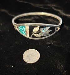 Vintage Hippie 70s Alpaca Mexico Silver Hinged Bracelet Abalone Turquoise Enamel