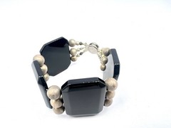 Vintage Chunky Black Stone Gemstone Silver Bead Wide Bracelet RO-DO NOS Saks