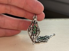 Vintage Silver-Tone Filigree Floral Dangle Earrings w/ Green Stone