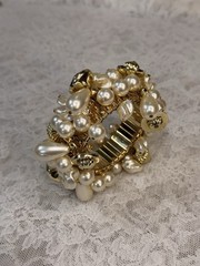 Vintage Faux Pearls MultiBeaded Bracelet Gold Tone Expandable Metal Band Cha-Cha